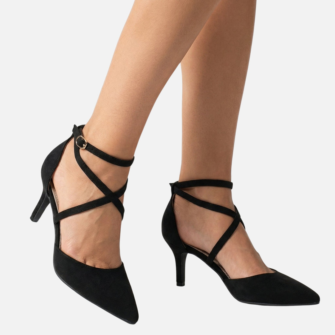 Wildleder Stiletto Pumps – Spitze Kappe mit Kreuzriemen & Schnalle