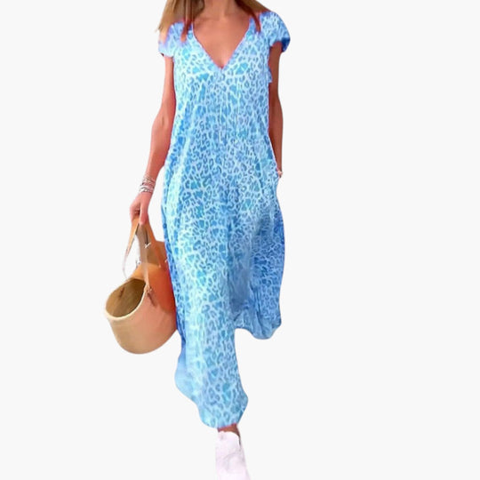 Image of Damen V-Ausschnitt Sommer Maxikleid Animal Print