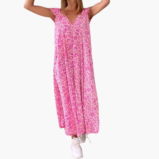 Image of Damen V-Ausschnitt Sommer Maxikleid Animal Print