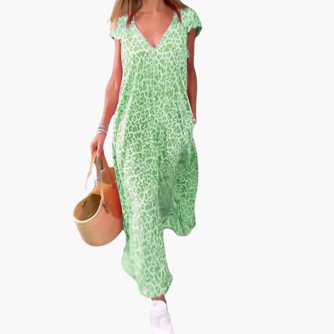 Image of Damen V-Ausschnitt Sommer Maxikleid Animal Print