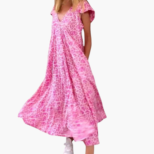 Image of Damen V-Ausschnitt Sommer Maxikleid Animal Print