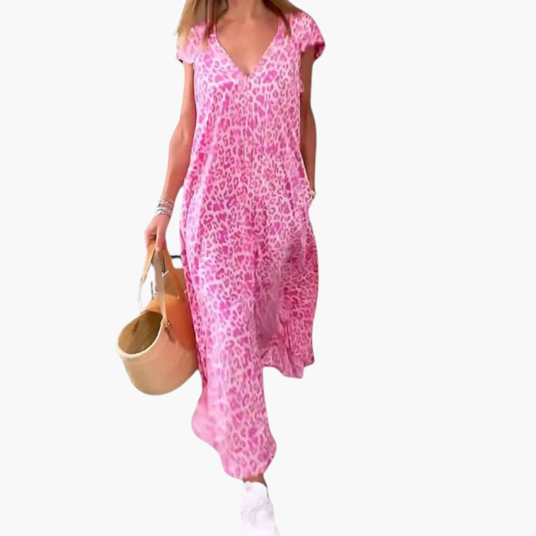 Image of Damen V-Ausschnitt Sommer Maxikleid Animal Print