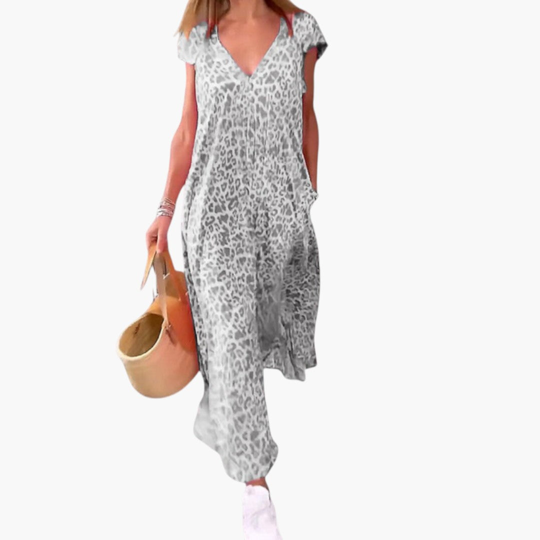Image of Damen V-Ausschnitt Sommer Maxikleid Animal Print