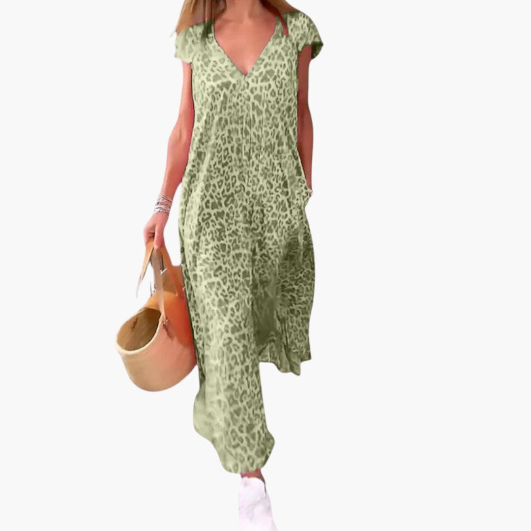 Image of Damen V-Ausschnitt Sommer Maxikleid Animal Print